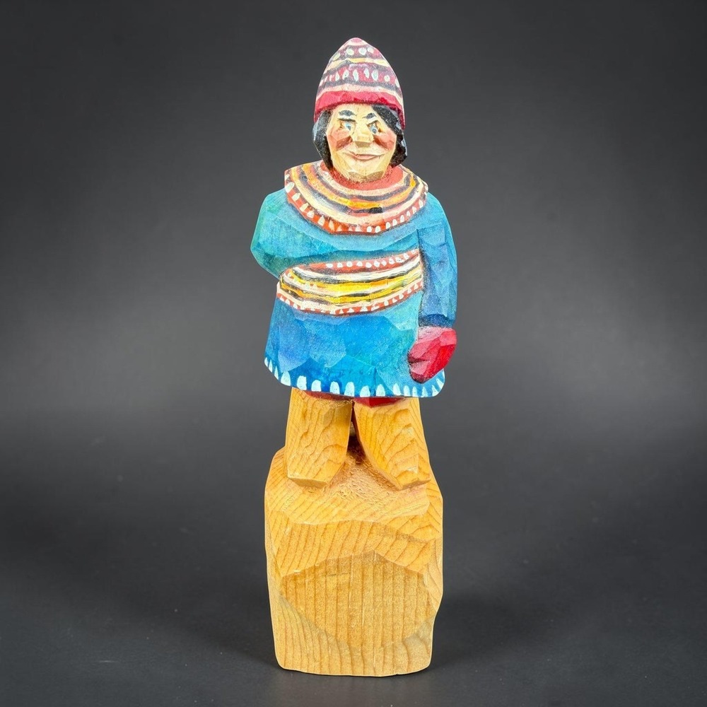 Vintage Hand Carved Wood Inuit Figurine Signed Zhlink Folk Art Painted Statue